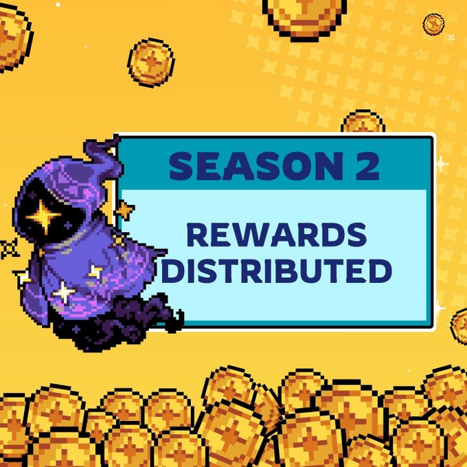 A pixel art graphic with gold coins and a hooded character features a banner reading 'SEASON 2 REWARDS DISTRIBUTED'.