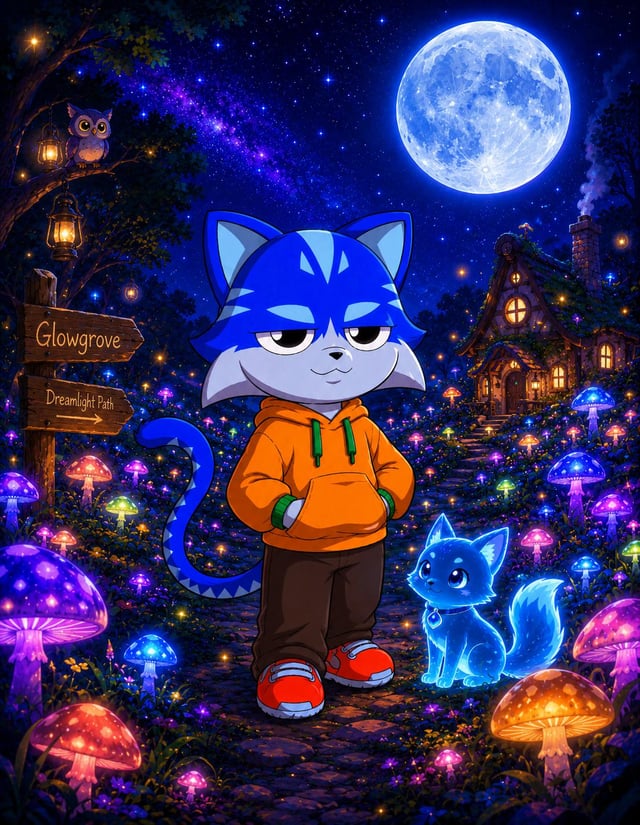 The image features a cartoon cat standing next to a smaller cat, both wearing hoodies. They are surrounded by mushrooms with glowing colors that create an enchanting atmosphere. The background of the image includes a full moon and stars, adding to the magical ambiance. The caption suggests that there is a "Toshi Coin" in the image, which might be related to the post or could simply be a random detail within the scene.