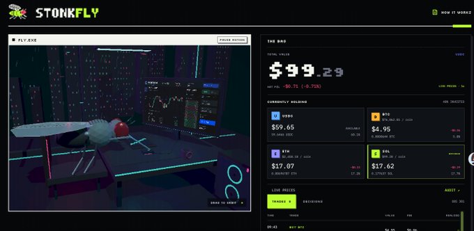 A screenshot of a website called 'STONKFLY' showing a 'FLY EXE' virtual trading interface with a 3D room scene on the left and crypto/stock holdings on the right, including BTC ($59.65), BTC ($4.95), ETH ($17.87), and SOL ($17.62), with total value displayed as $99.29.