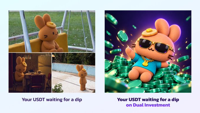 A promotional graphic shows a cute rabbit character, first waiting idle and then lounging on piles of coins while wearing sunglasses, a blue outfit, a gold chain, and a hat. The text reads, “Your USDT waiting for a dip” and “Your USDT waiting for a dip on Dual Investment,” illustrating idle USDT becoming productive through PancakeSwap Dual Investment to buy ETH at a set price and earn rewards.