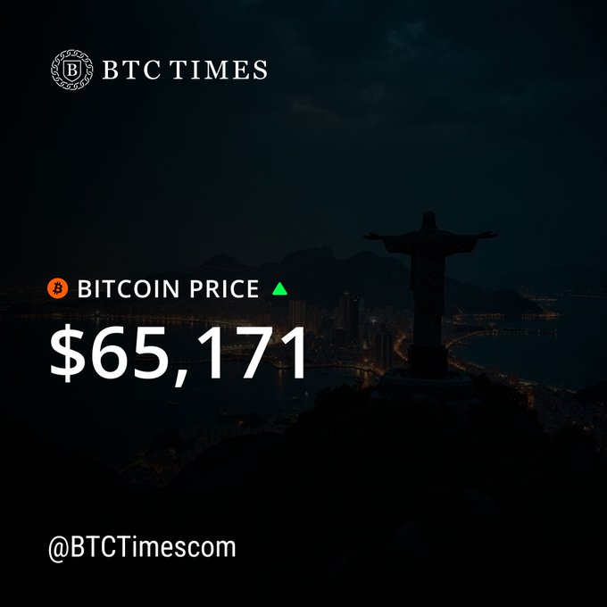 A dark-themed graphic for 'BTC TIMES' showing the Bitcoin price at $65,171 with an upward green triangle indicator, set against a nighttime cityscape featuring the Christ the Redeemer statue, and the handle @BTCTimescom.