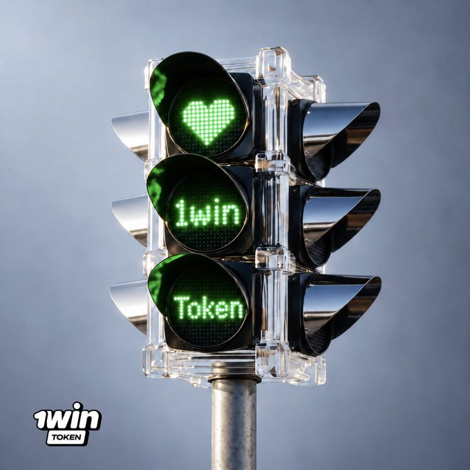 A traffic light displays illuminated green signals featuring a pixelated heart, the text "1win," and the word "Token," serving as a "go" signal for the upcoming $1WIN token launch on Solana. The 1win Token logo appears in the bottom corner, reinforcing the promotional message about the token's impending debut with its fixed supply, burns, and buybacks.