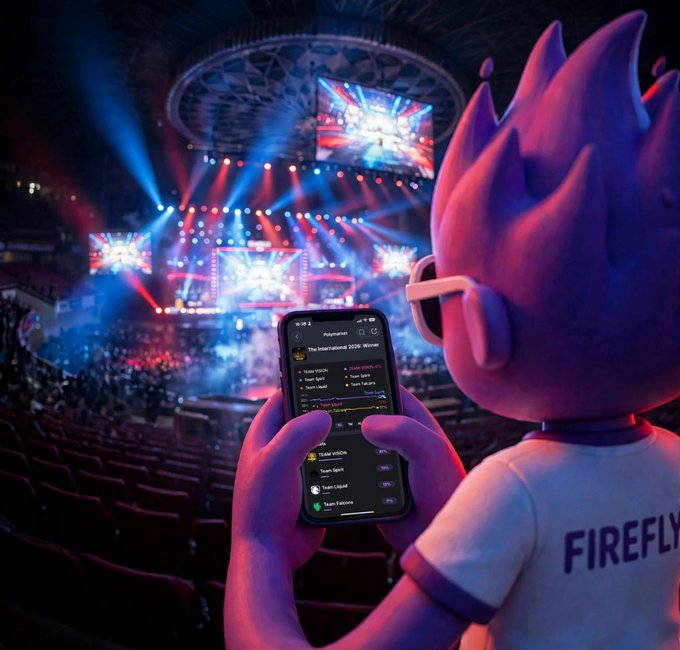 A 3D render of a pink character wearing a 'FIREFLY' t-shirt and glasses, holding a smartphone displaying an app interface while looking at a brightly lit concert arena.