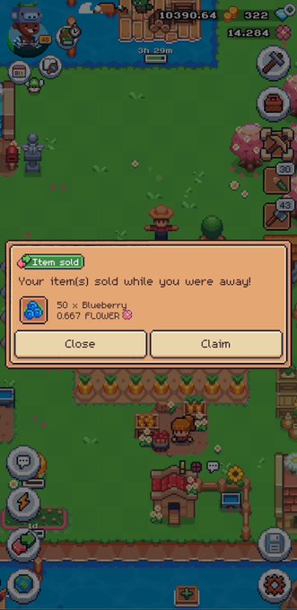 A pixel art farming game shows an 'Item sold' notification indicating '50 x Blueberry' were sold while away for '0.667 FLOUR'.