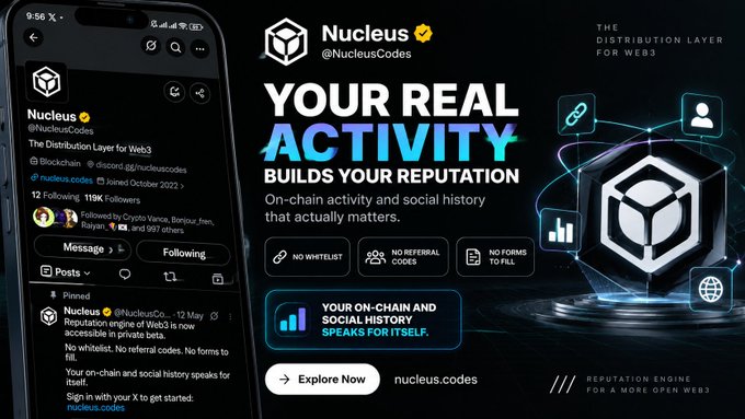 Promotional graphic for Nucleus (@NucleusCodes), a Web3 reputation engine, showing a Twitter/X profile and the tagline "Your real activity builds your reputation" with features "No whitelist, no referral codes, no forms to fill."