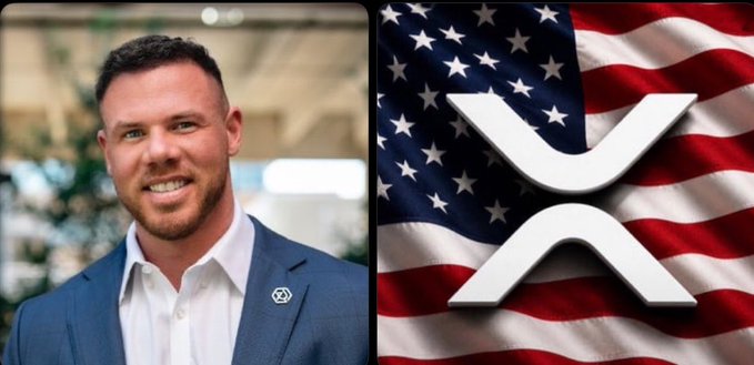 A split image showing a smiling man in a blue suit jacket on the left and the XRP cryptocurrency logo over an American flag on the right.