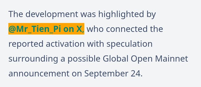 A highlighted text excerpt mentioning "@Mr_Tien_Pi on X" who connected a reported activation with speculation around a possible Global Open Mainnet announcement by Pi Network on September 24, supporting the accompanying post about the anticipated Pi Network Global Open Mainnet launch date.
