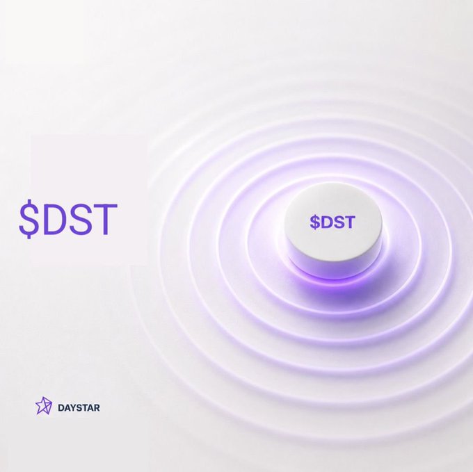 Promotional graphic featuring a white cylindrical device with '$DST' printed on it, set against a background of purple concentric ripples, with the Daystar logo in the bottom left.