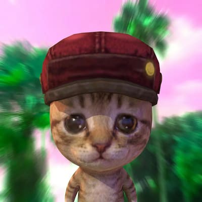 A small, stylized 3D-rendered cat character wearing a red train conductor's cap, set against a pink sky with palm trees in a tropical background.