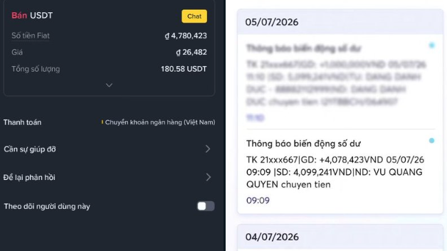 A mobile banking interface in Vietnamese showing a USDT selling offer of 180.58 USDT for 4,780,423 VND, alongside transaction history dated 05/07/2026.