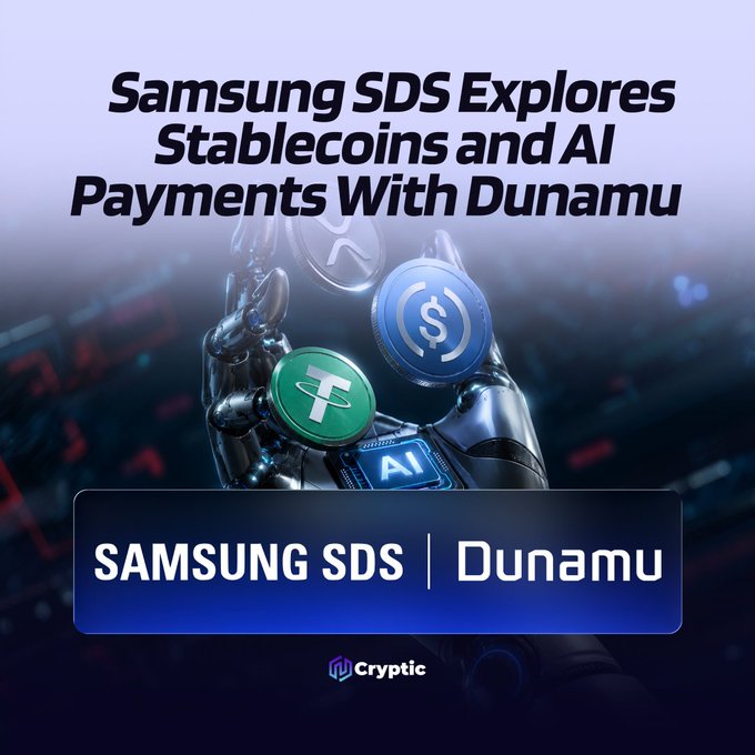 A promotional graphic from Cryptic featuring the headline "Samsung SDS Explores Stablecoins and AI Payments With Dunamu," depicting a robotic hand holding digital currency icons (Tether's T and a USDC-style dollar coin) alongside an "AI" chip, with Samsung SDS and Dunamu logos displayed below. The image visually represents the reported collaboration between Samsung SDS and Dunamu (operator of Upbit) to develop stablecoin infrastructure and AI-powered payment services.