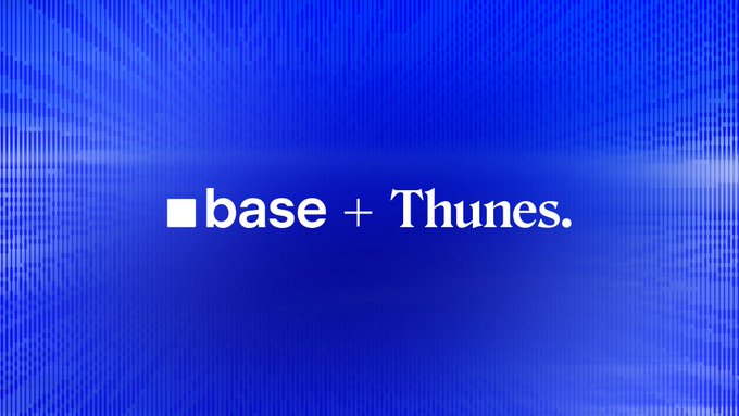 The image displays a bold blue background featuring the text "base + Thunes." in white, visually announcing a partnership between the two platforms. This aligns with the post's announcement that users can now send money internationally through Thunes using Base.
