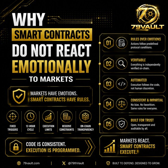 An infographic titled 'WHY SMART CONTRACTS DO NOT REACT EMOTIONALLY TO MARKETS' by 79VAULT, listing points such as 'Rules Over Emotions,' 'Verifiable,' 'Automated,' 'Consistent & Impartial,' and 'Built for Trust.'