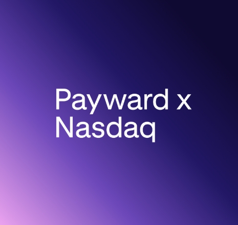 The image features white text reading "Payward x Nasdaq" on a purple-to-blue gradient background, visually highlighting the partnership between cryptocurrency exchange Kraken's parent company Payward and Nasdaq, following Nasdaq's $100 million investment in Payward at a $21 billion valuation.