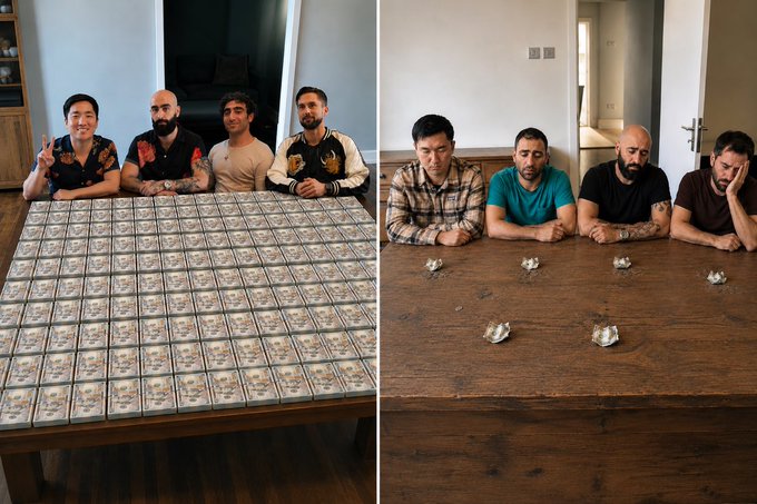 The image shows a group of five men sitting around a dining table, with four of them holding stacks of money while one man looks at his phone. The scene appears to be from a photo series titled "Zcash holders Last week This week".