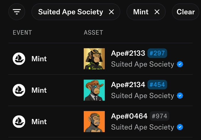 A dark-themed mobile app screen showing a list of "Mint" events for "Suited Ape Society" NFTs, featuring three specific apes: Ape#2133 #297, Ape#2134 #454, and Ape#0464 #974.