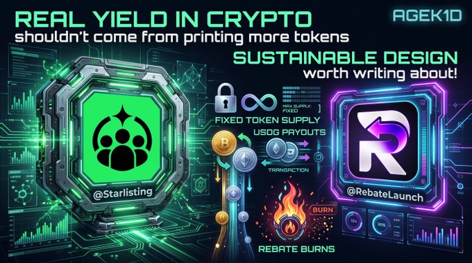 A neon crypto-themed graphic reads “REAL YIELD IN CRYPTO shouldn’t come from printing more tokens,” with “AGEK1D,” “SUSTAINABLE DESIGN worth writing about!,” “FIXED TOKEN SUPPLY,” “USDD PAYOUTS,” “TRANSACTION,” and “REBATE BURNS,” alongside @Starlisting and @RebateLaunch.