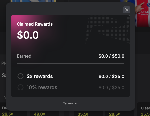 A dark-themed 'Claimed Rewards' interface shows $0.0 earned, with 2x rewards ($0.0/$25.0) and 10% rewards ($0.0/$25.0) listed.