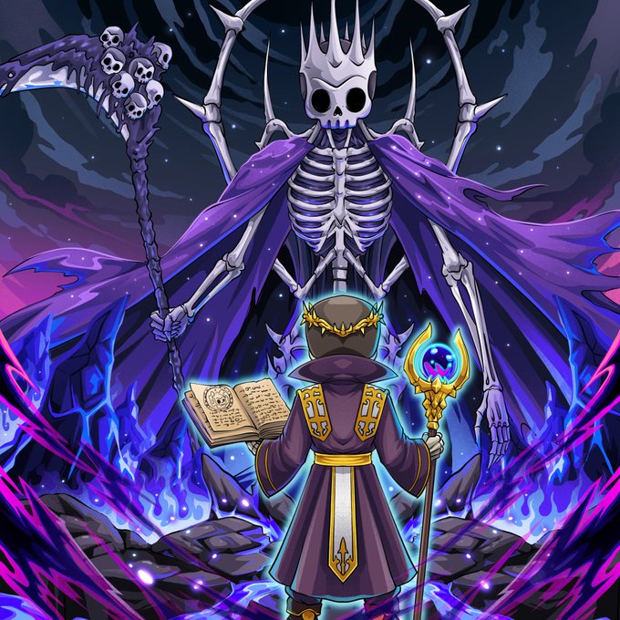 An illustration of a figure in purple robes holding a staff and a spellbook, facing a giant skeletal king with a crown and scythe amidst blue flames.