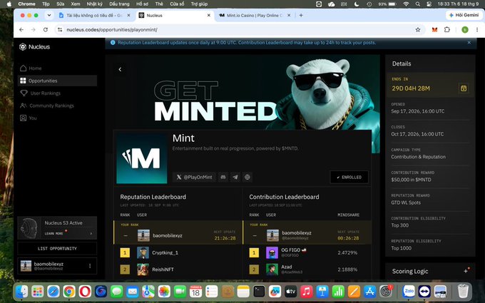 A screenshot of the Nucleus platform shows a 'GET MINTED' campaign page for the 'Mint' project with reputation and contribution leaderboards led by user 'baomoblievz'.