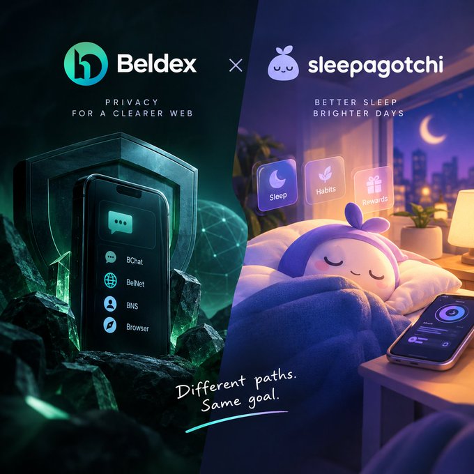 A promotional graphic split into two halves: the left shows 'Beldex - PRIVACY FOR A CLEARER WEB' with a phone displaying apps like BChat and BelNet, and the right shows 'sleepagotchi - BETTER SLEEP BRIGHTER DAYS' with a sleeping plush toy and a phone tracking sleep; the text reads 'Different paths. Same goal.'
