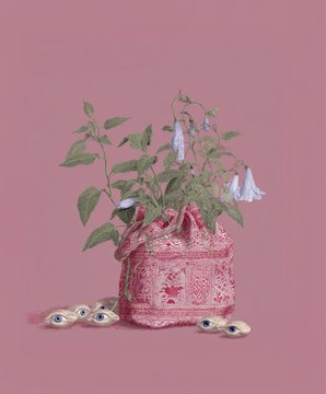 A digital artwork featuring a decorative red and white patterned vase holding delicate white bell-shaped flowers and green leaves, displayed against a dusty rose background with scattered golden circular objects, likely created by the artist referenced in the post (BakerIsland1) and available as a sold-out NFT on the secondary marketplace objkt.