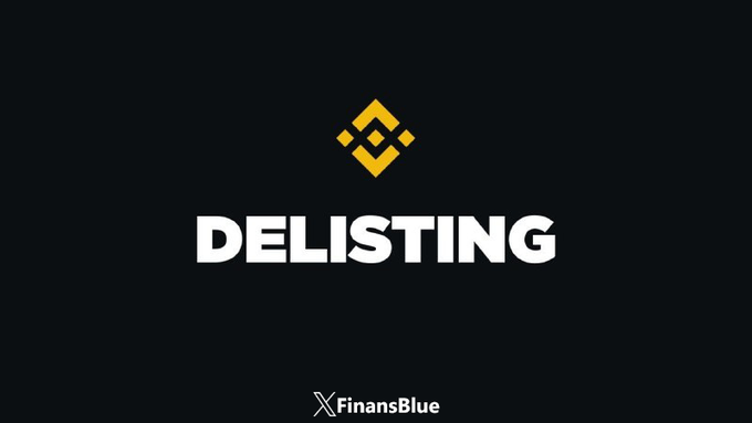 A black screen displays the Binance logo in yellow above the word 'DELISTING' in large white text, with 'FinansBlue' watermark at the bottom.