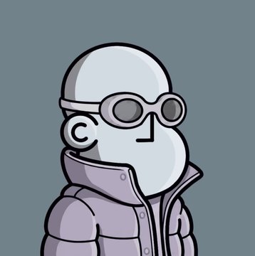 A cartoon illustration of a figure wearing a gray face mask, goggles with a 'C' logo, and a purple puffy jacket against a gray background.