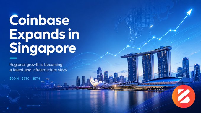 A promotional graphic titled 'Coinbase Expands in Singapore' features the Singapore skyline including the Marina Bay Sands hotel, with the subtitle 'Regional growth is becoming a talent and infrastructure story' and tickers $COIN $BTC $ETH displayed.