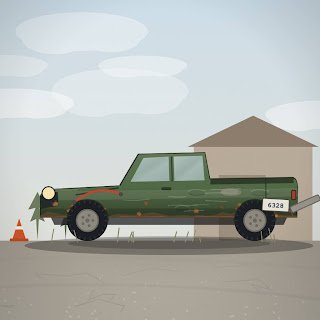 A cartoonish side-view illustration of a weathered, rusty green pickup truck parked on a road with an orange traffic cone nearby.