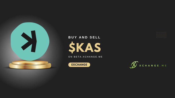 A promotional graphic for XChange.me announcing the listing of $KAS (Kaspa) on beta.xchange.me, featuring the turquoise Kaspa coin emblem on a gold pedestal with "BUY AND SELL $KAS ON BETA.XCHANGE.ME" text and an "EXCHANGE" button.