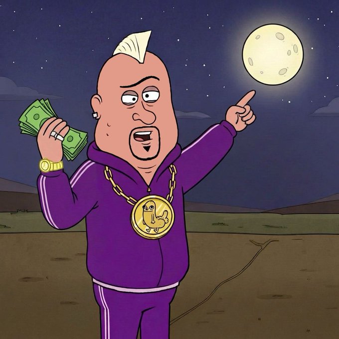 A cartoon character resembling a meme-themed figure in a purple tracksuit and Dogecoin necklace, holding cash and pointing at the moon.