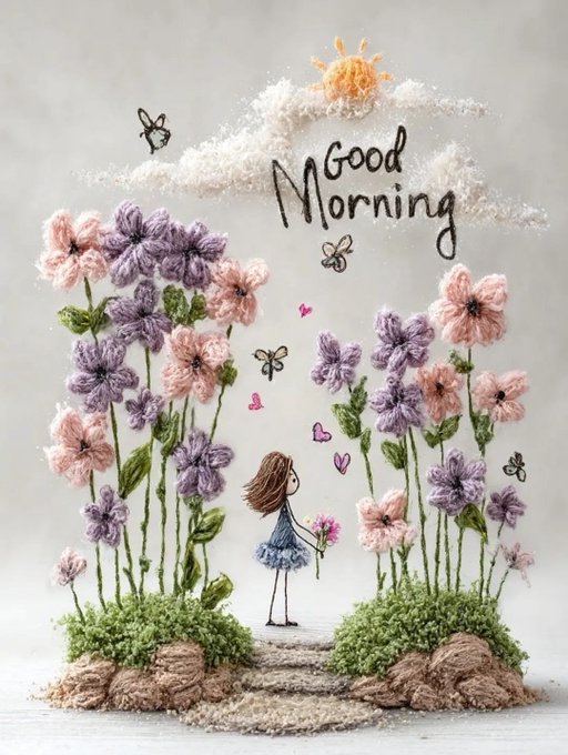 A decorative "Good Morning" greeting card featuring an embroidered or crafted scene of a girl in a blue dress standing among pink and purple flowers with butterflies, a sun, and clouds.
