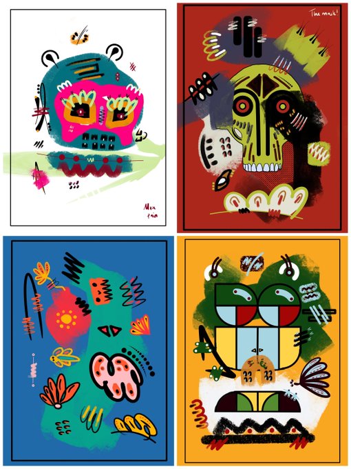 The image features four distinct artworks with different styles and color schemes, each representing a unique artist or artistic style. The artworks include a skull design, a flowery pattern, an abstract piece, and a cartoon-like drawing. These pieces are arranged in a square format on a white background, creating a visually appealing display that showcases the diversity of artistic expression.