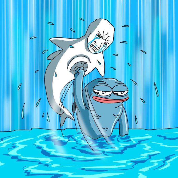 A cartoon meme illustration depicting a crying, distressed shark being violently raped by a smug-looking fish standing in the water, with tears splashing around them.