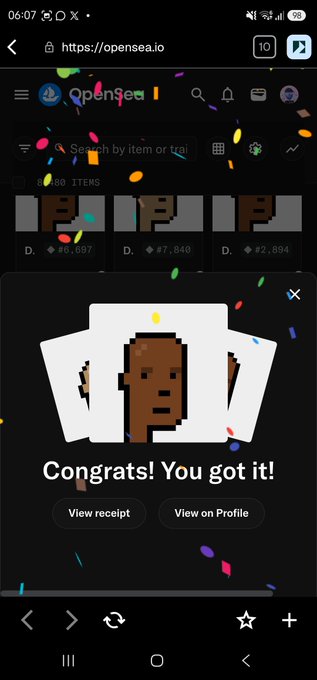 An OpenSea confirmation screen celebrating a successful NFT purchase with a confetti animation and options to view receipt or profile.