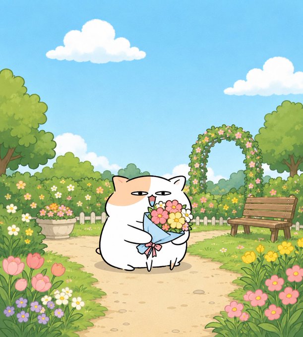 A digital illustration features a round white and orange cat holding a bouquet of colorful flowers in a sunny garden setting with a wooden bench, a flower-covered arch, and blooming flowers.