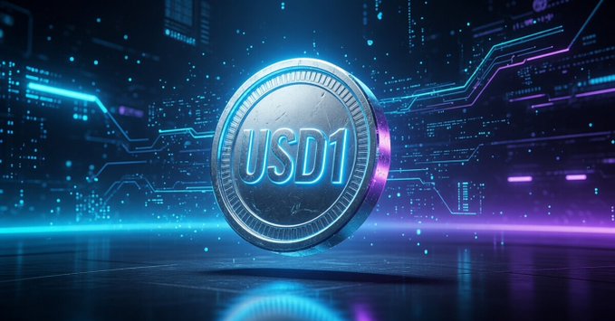 A glowing USD1 stablecoin token floats against a futuristic circuit-board backdrop in vibrant blue and purple neon, symbolizing the digital asset's tech-driven role in combating inflation and earning flexible APY for holders on Binance.