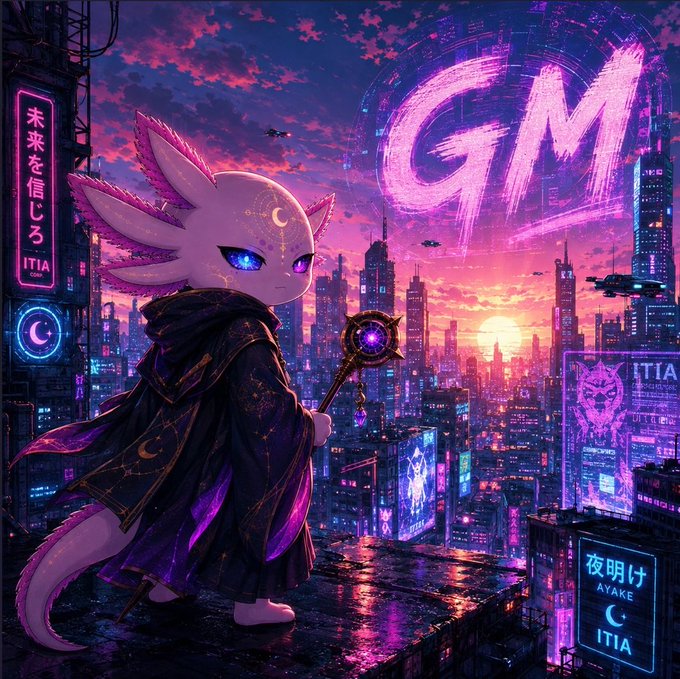 An anime-style illustration features a purple-haired cat-like creature in a dark cloak holding a staff, overlooking a neon-lit cyberpunk city at sunset with 'GM' written in large pink letters and Japanese signs reading 'ITIA' and 'AYAKE'.
