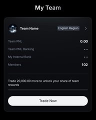 A mobile app screenshot of a 'My Team' page showing Team PNL, internal rank, members, and a 'Trade Now' button, with text 'Trade 20,000.00 more to unlock your share of team rewards'.