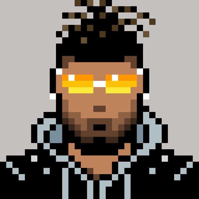 A pixel art portrait of a man with a beard, yellow/orange tinted glasses, and dreadlocks tied up, wearing a light blue shirt.