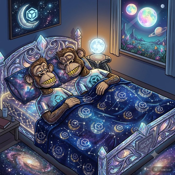 A colorful digital illustration of two cartoon monkeys sleeping in an ornate cosmic-themed bed with star-patterned blankets, under a moonlit window showing planets; signed 'RICAR' on the bedpost.