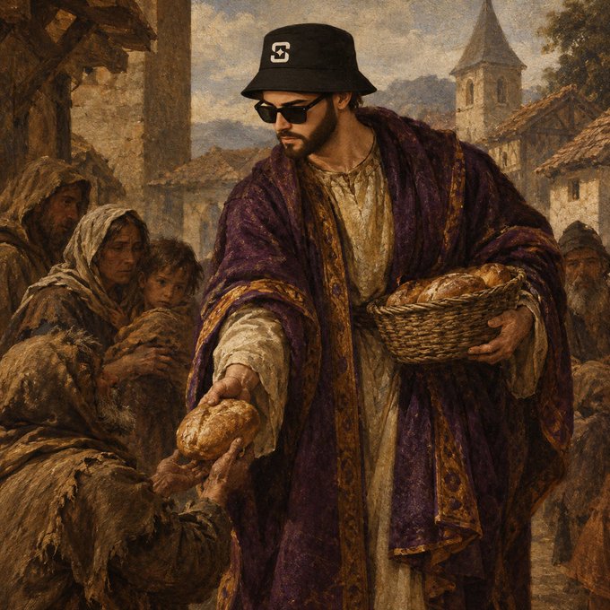 **Prompt:** An AI-generated classical painting depicting Jesus handing out bread to the poor, but wearing a black bucket hat with a logo and dark sunglasses.