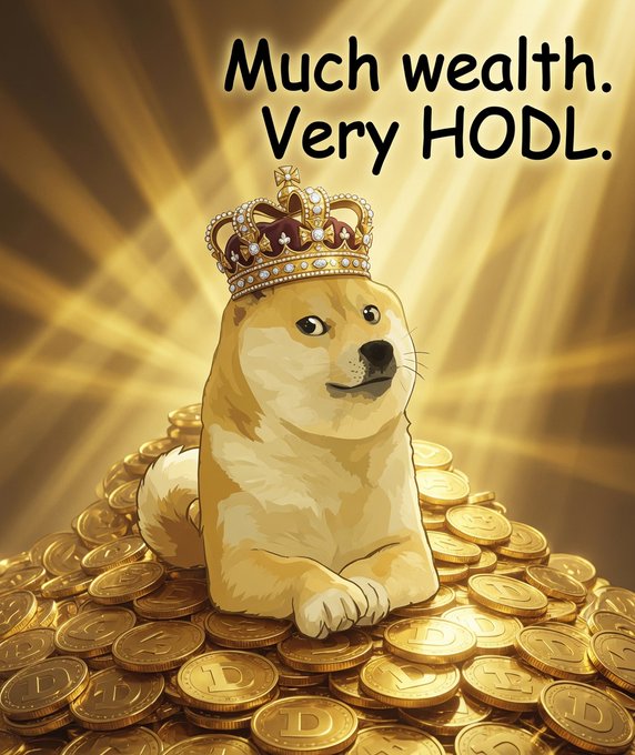 A crowned Shiba Inu sits atop a pile of Dogecoin coins with the text "Much wealth. Very HODL." displayed above, symbolizing long-term holding and royal status in the crypto space, complementing the post's "much crown. very king. $DOGE forever" message.