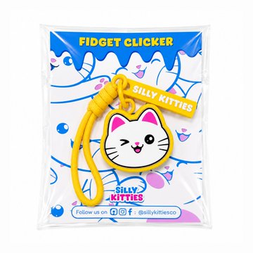 A packaged yellow fidget clicker keychain featuring a cartoon cat face with the text 'FIDGET CLICKER' and 'SILLY KITTIES' printed on the packaging.