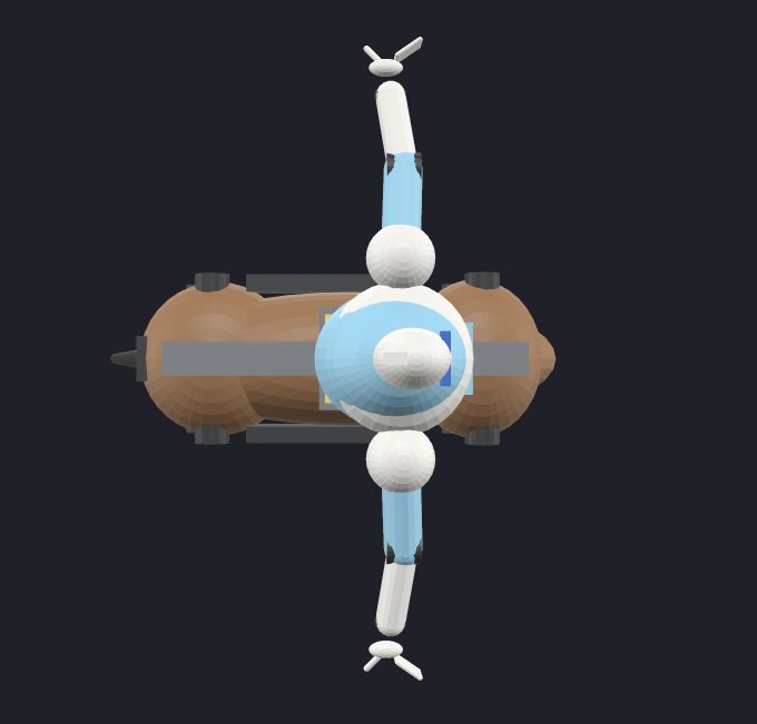 A top-down 3D rendering of a futuristic spacecraft or drone with a central blue spherical cockpit, brown cylindrical hull, and white propeller arms extending outward.