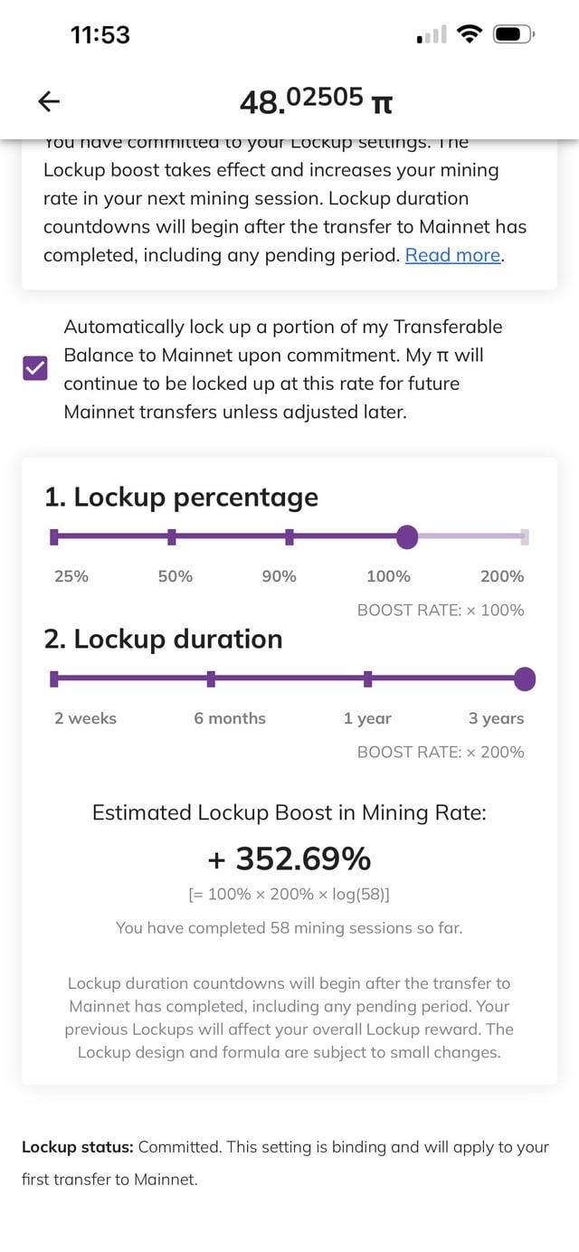 A mobile app screenshot showing Pi Network lockup settings with 100% lockup percentage at 100% boost and 3-year duration at 200% boost, yielding an estimated mining rate boost of +352.69%, with 48.02505 Pi visible at the top.