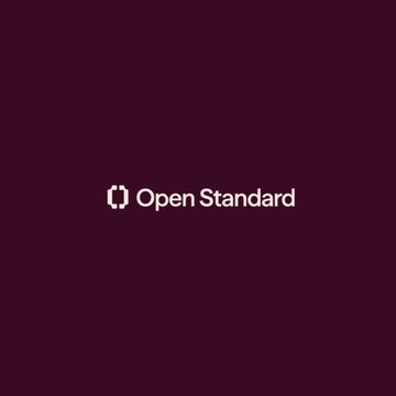 The image displays the "Open Standard" logo in white text with a distinctive bracketed "O" icon, set against a dark purple background, serving as the official branding for the organization launching the Open USD ($OUSD) stablecoin backed by major financial and crypto firms like Visa, Mastercard, Stripe, BlackRock, and Coinbase.