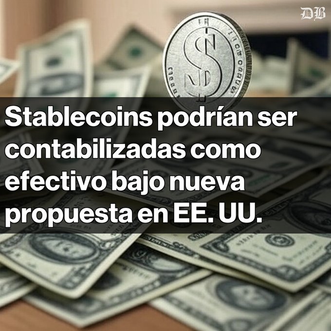 A news graphic featuring a dollar coin above U.S. currency, with the Spanish text: 'Stablecoins podrían ser contabilizadas como efectivo bajo nueva propuesta en EE. UU.' (Stablecoins could be accounted as cash under new US proposal), credited to 'MB'.