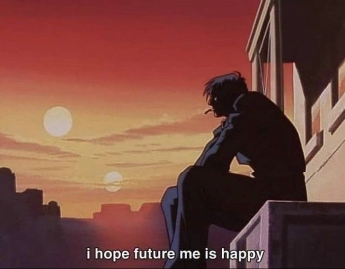 An anime-style illustration of a silhouetted figure sitting on a ledge at sunset with the caption 'i hope future me is happy.'